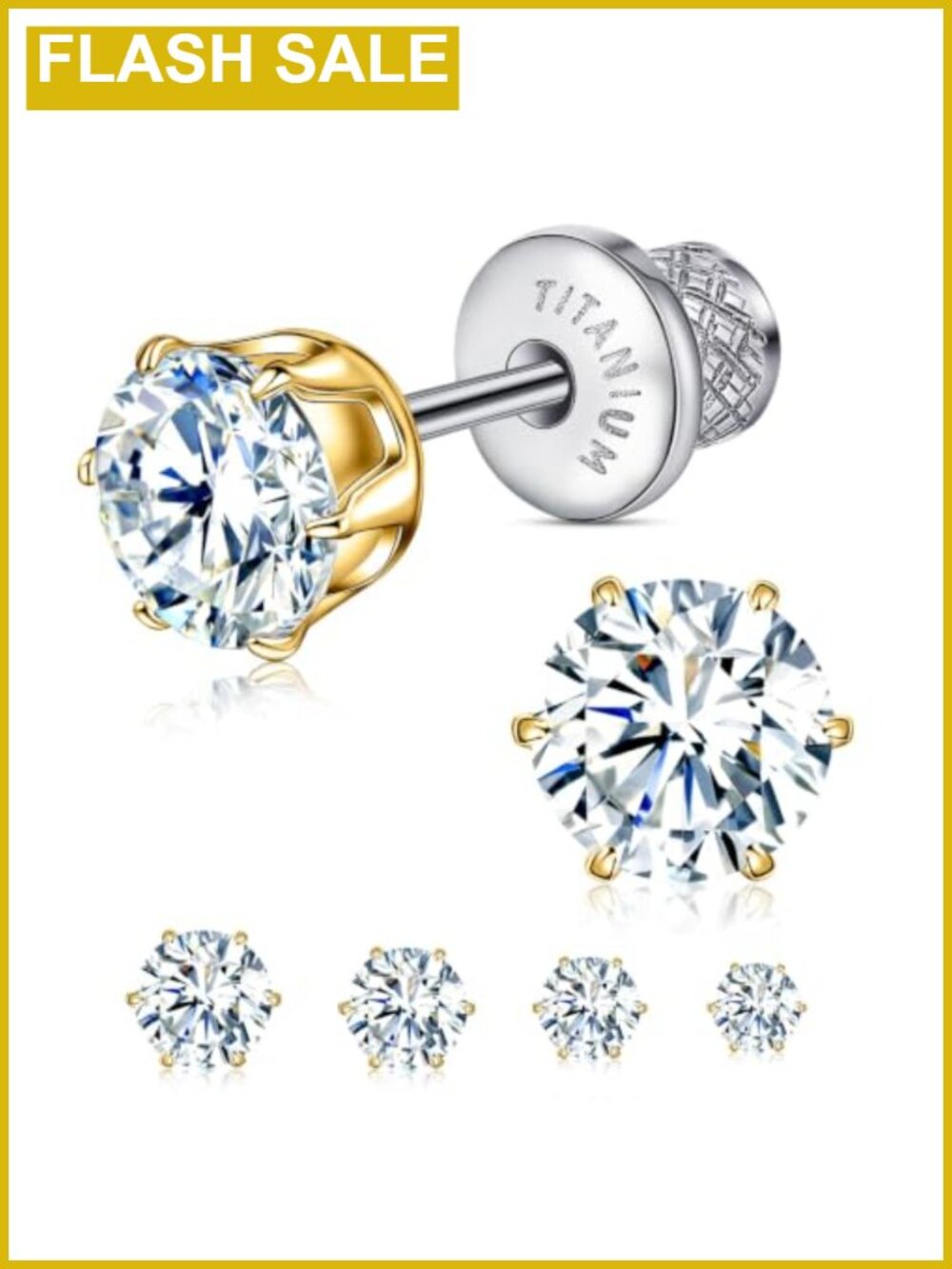 Hypoallergenic Titanium 6 Prong CZ Flat Back Screw Back Earrings Stud